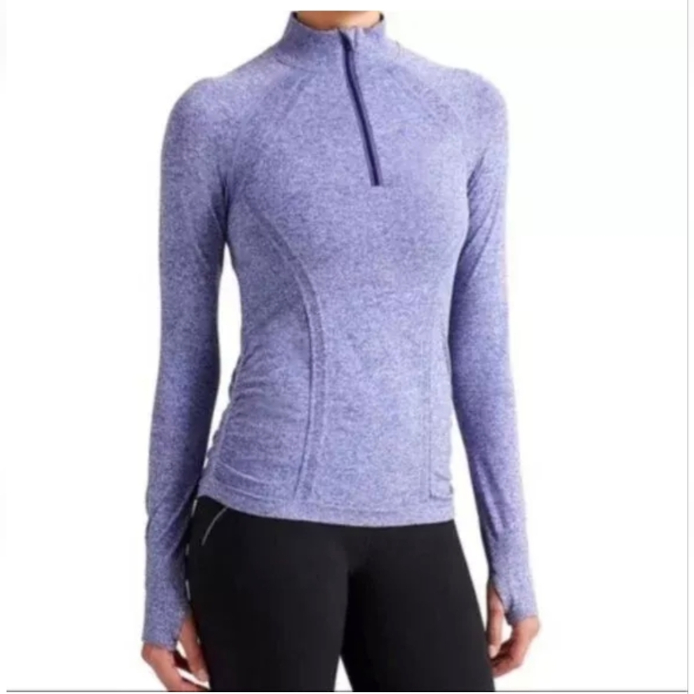 Athleta Fastest Track 1/4 Zip LS Running Thumbholes Heather Blue Medium Ruched